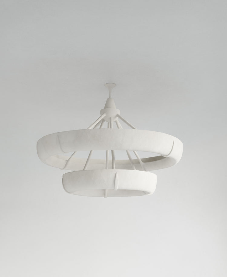 Aura Double Hanging Light, front view, white resin sculptural pendant