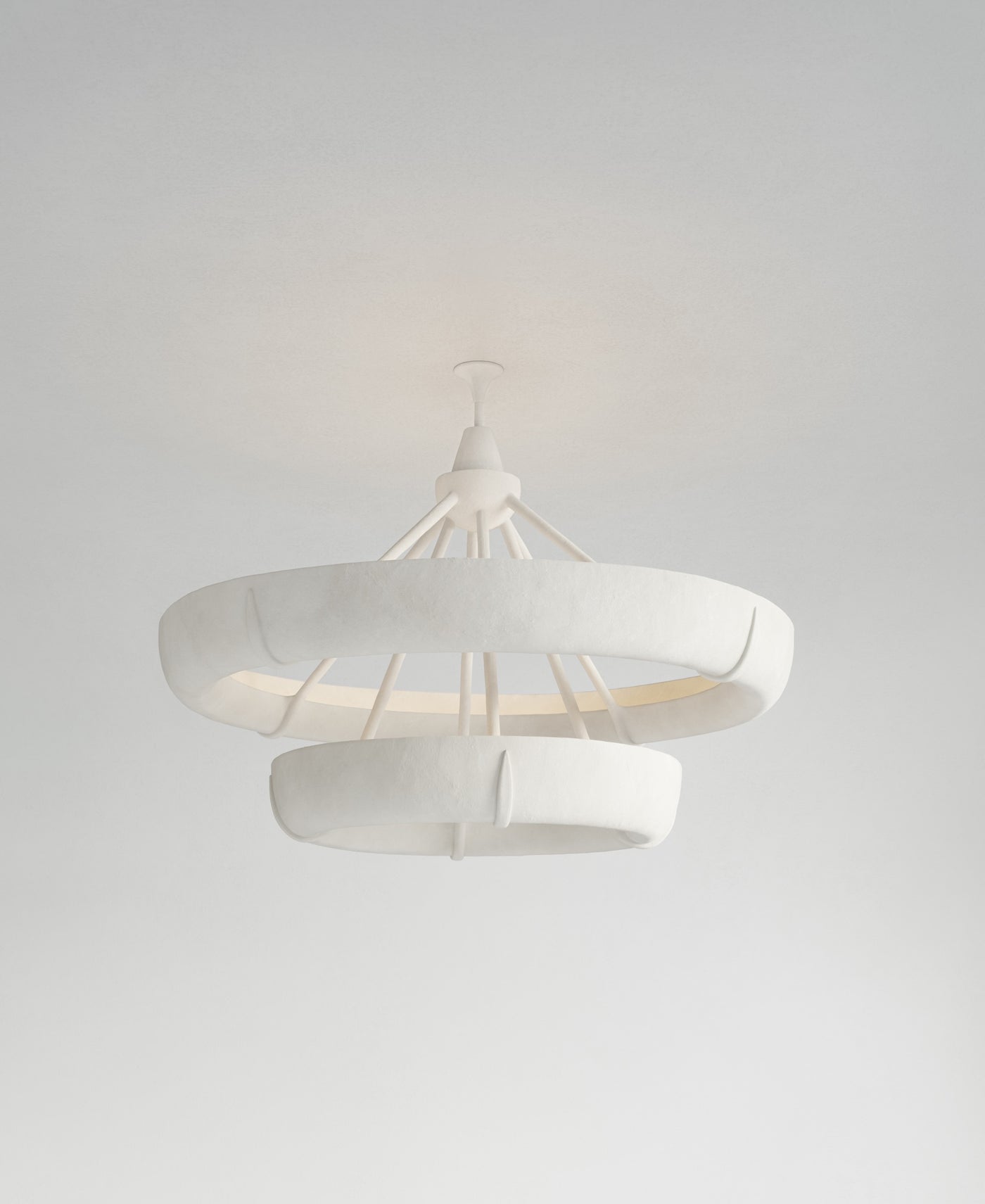 Aura Double Hanging Light, light-on view, white resin pendant