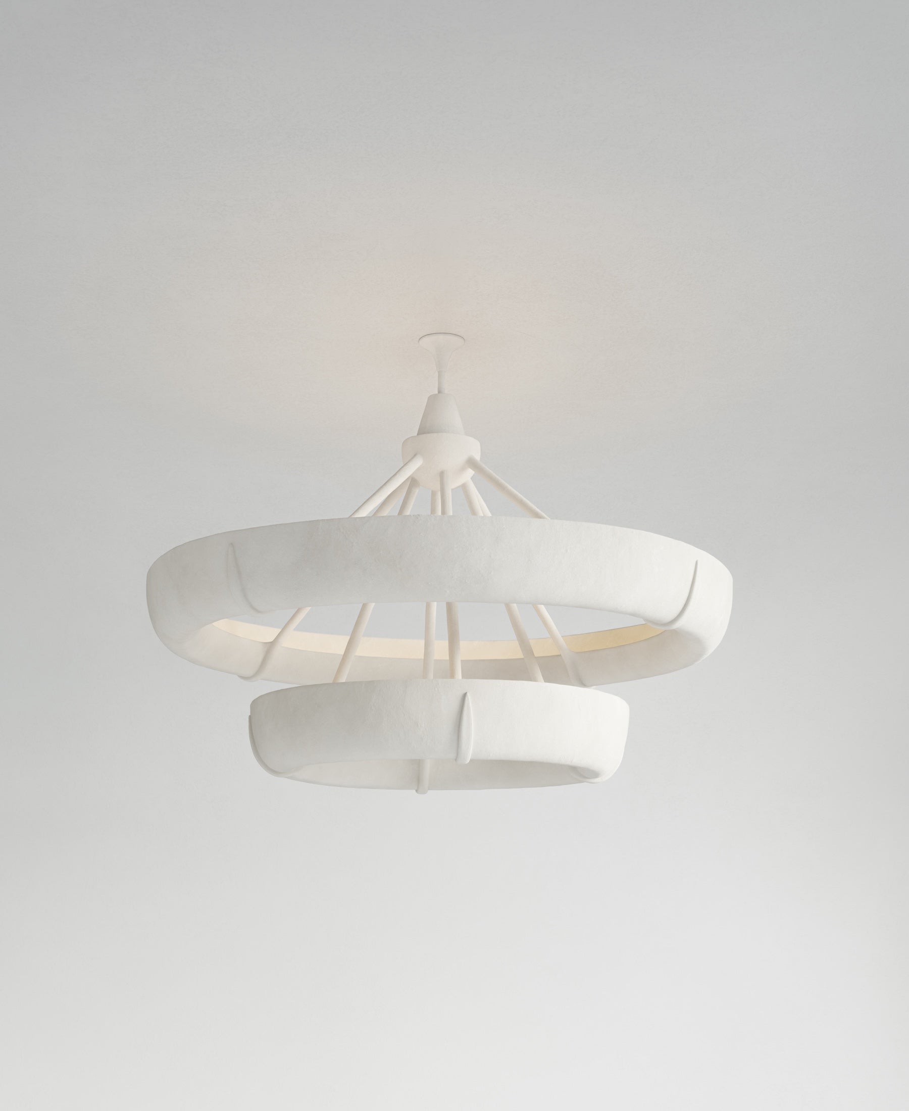 Aura Double Hanging Light, light-on view, white resin pendant
