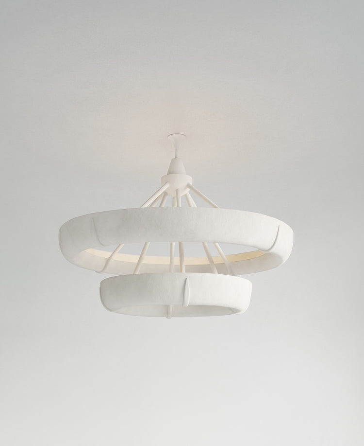 Aura Double Hanging Light, light-on view, white resin pendant