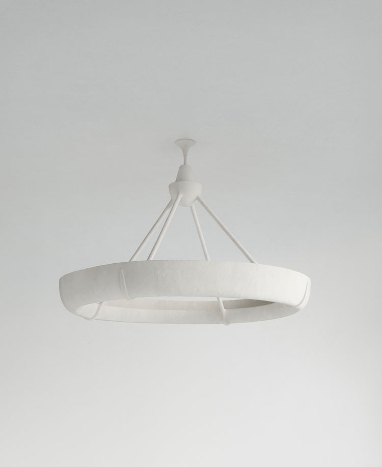 Aura Single Hanging Light, front view, white resin sculptural pendant