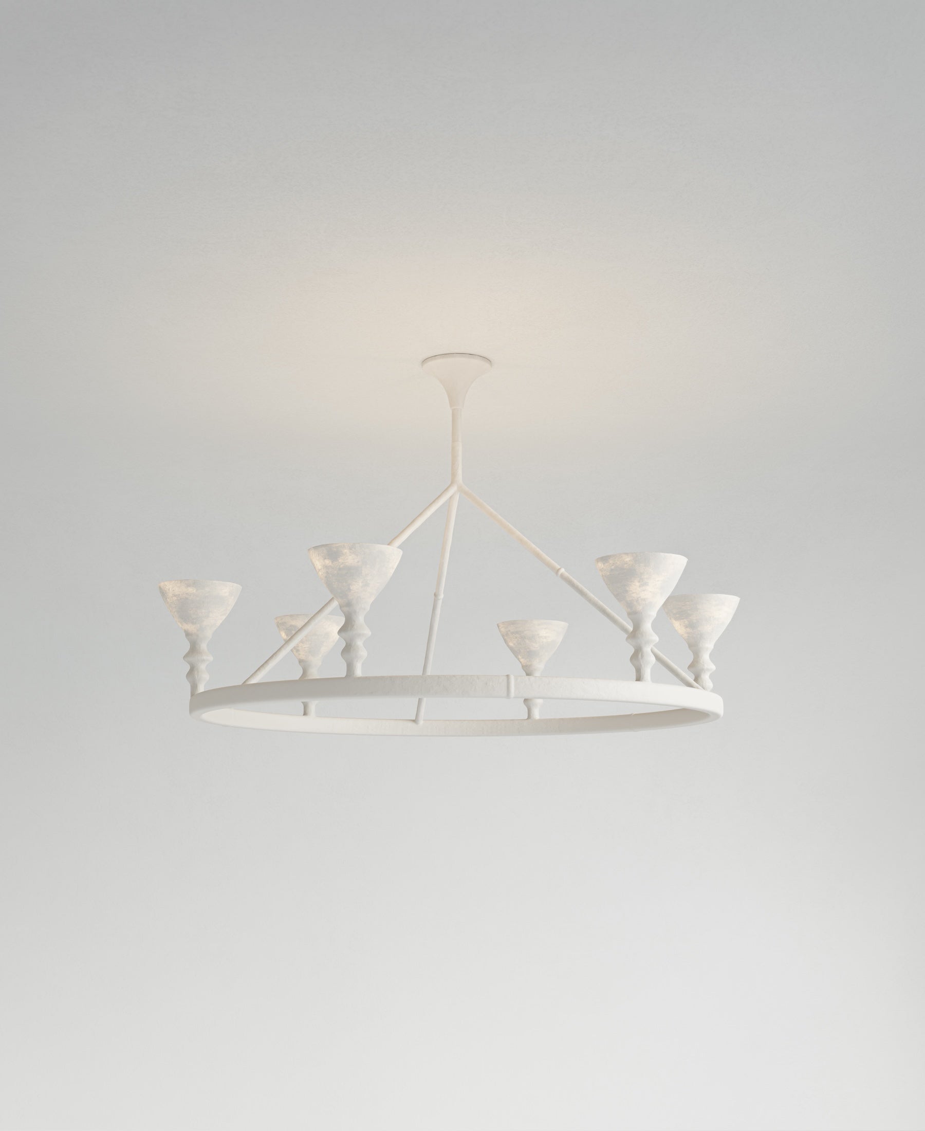 Byblos Hanging Light, light-on view, sculptural plaster pendant
