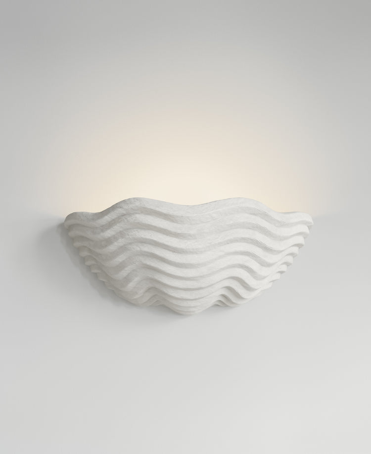 Clam Sconce, light-on view, sculptural resin wall sconce