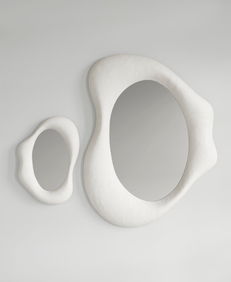 Drop Mirror large and small together, front view, sculptural wall mirrors