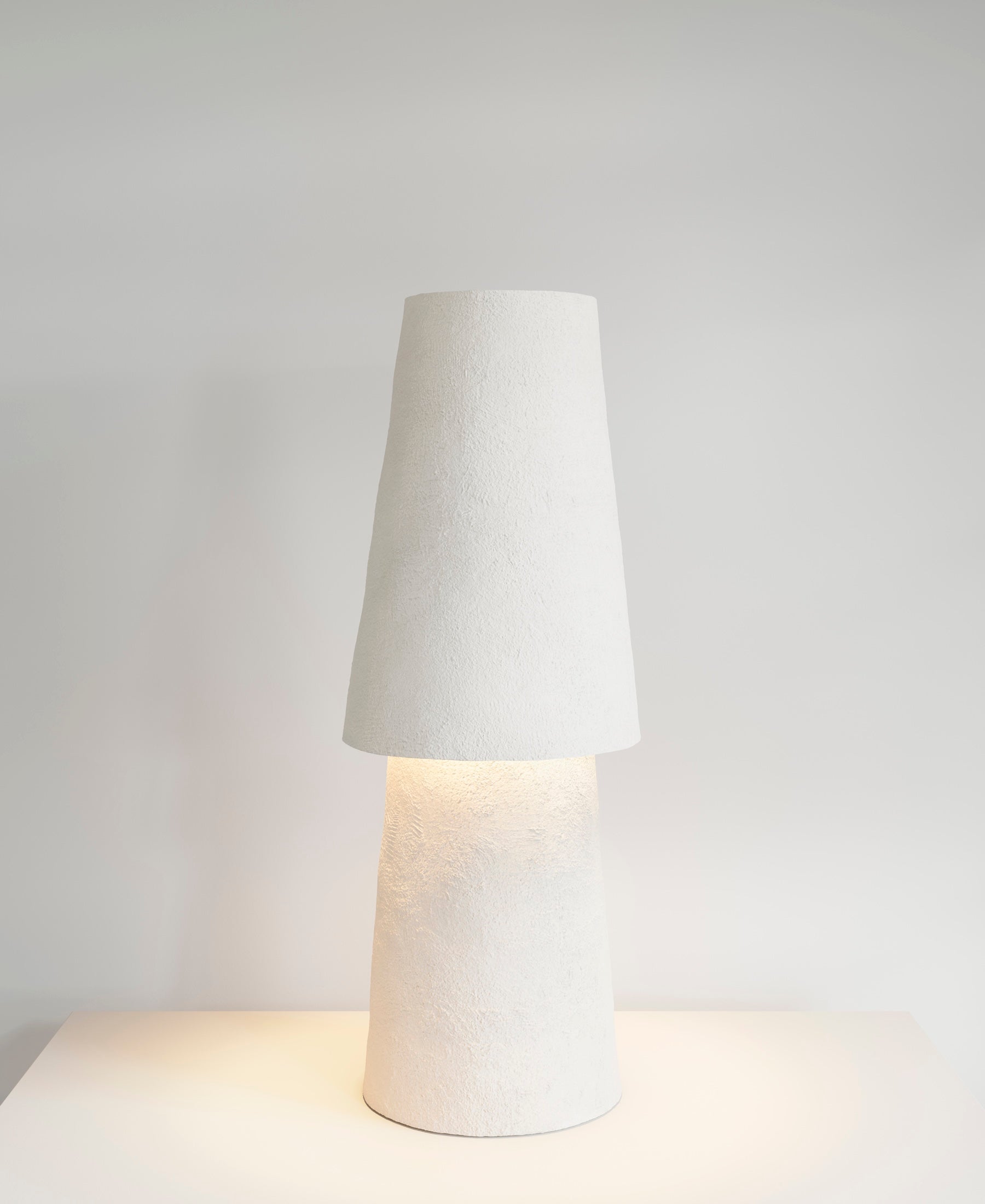 Joshua Table Lamp, light-on view, sculptural resin table lamp