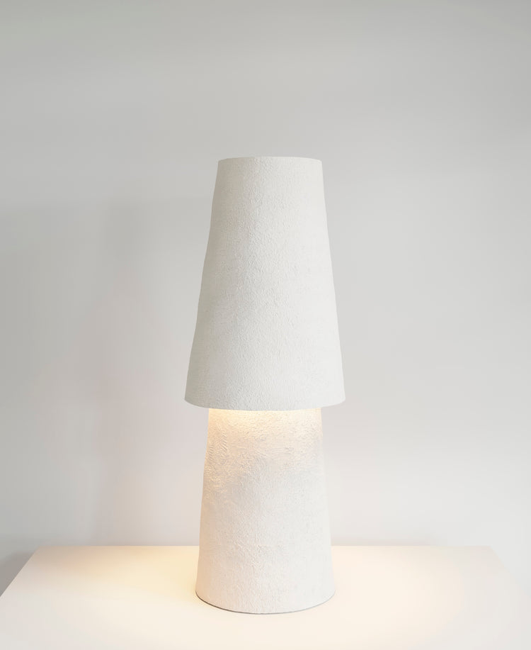 Joshua Table Lamp, light-on view, sculptural resin table lamp
