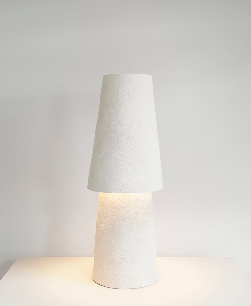 Joshua Table Lamp, light-on view, sculptural resin table lamp