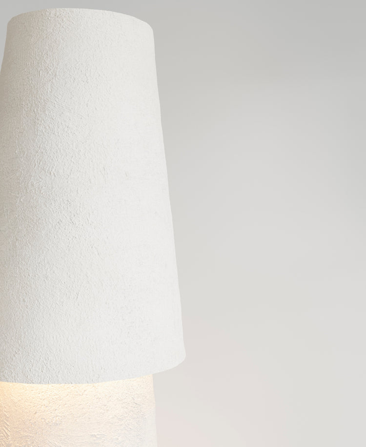 Joshua Table Lamp, illuminated view, close-up of textured plaster surface