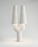 Joshua Double Lamp, light-on view, sculptural resin double lamp