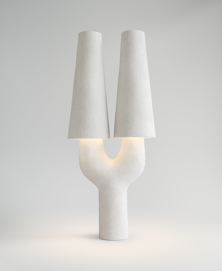 Joshua Double Lamp, light-on view, sculptural resin double lamp