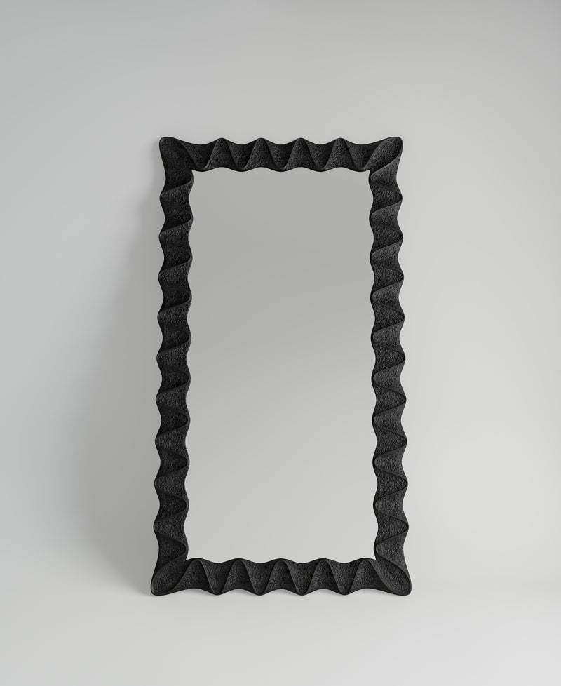 Morpheus Mirror, front view, carved black teak floor mirror