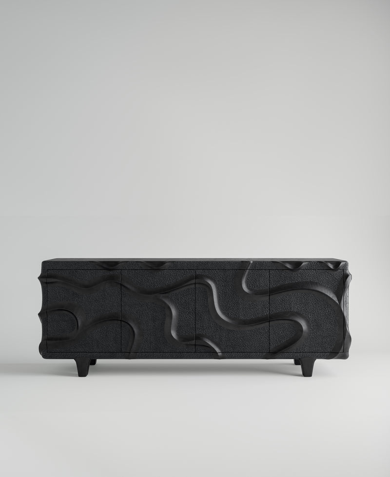 Morpheus Standing Cabinet, front view, carved black teak