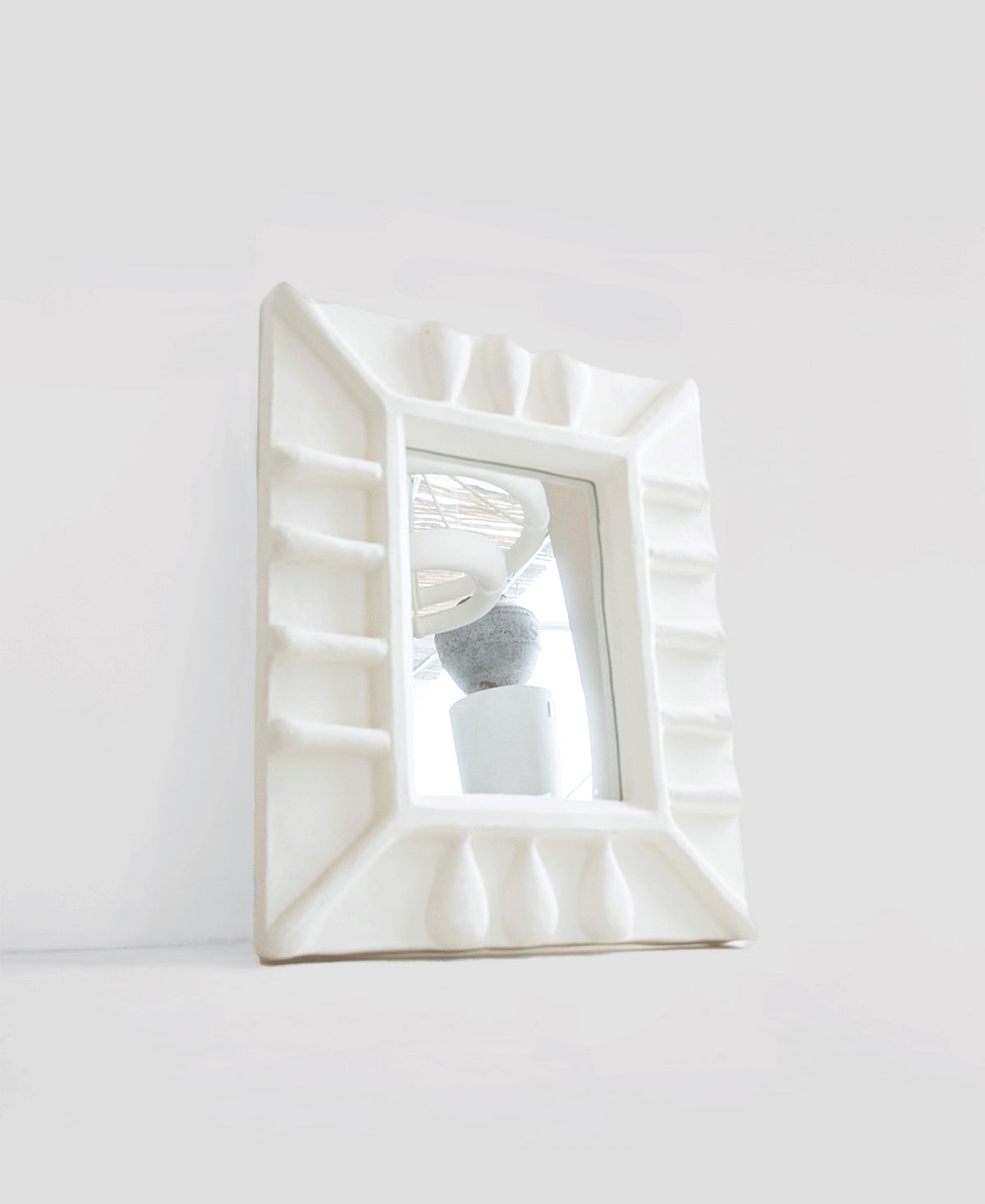 Albini Mirror, front product view, white sculptural plaster mirror