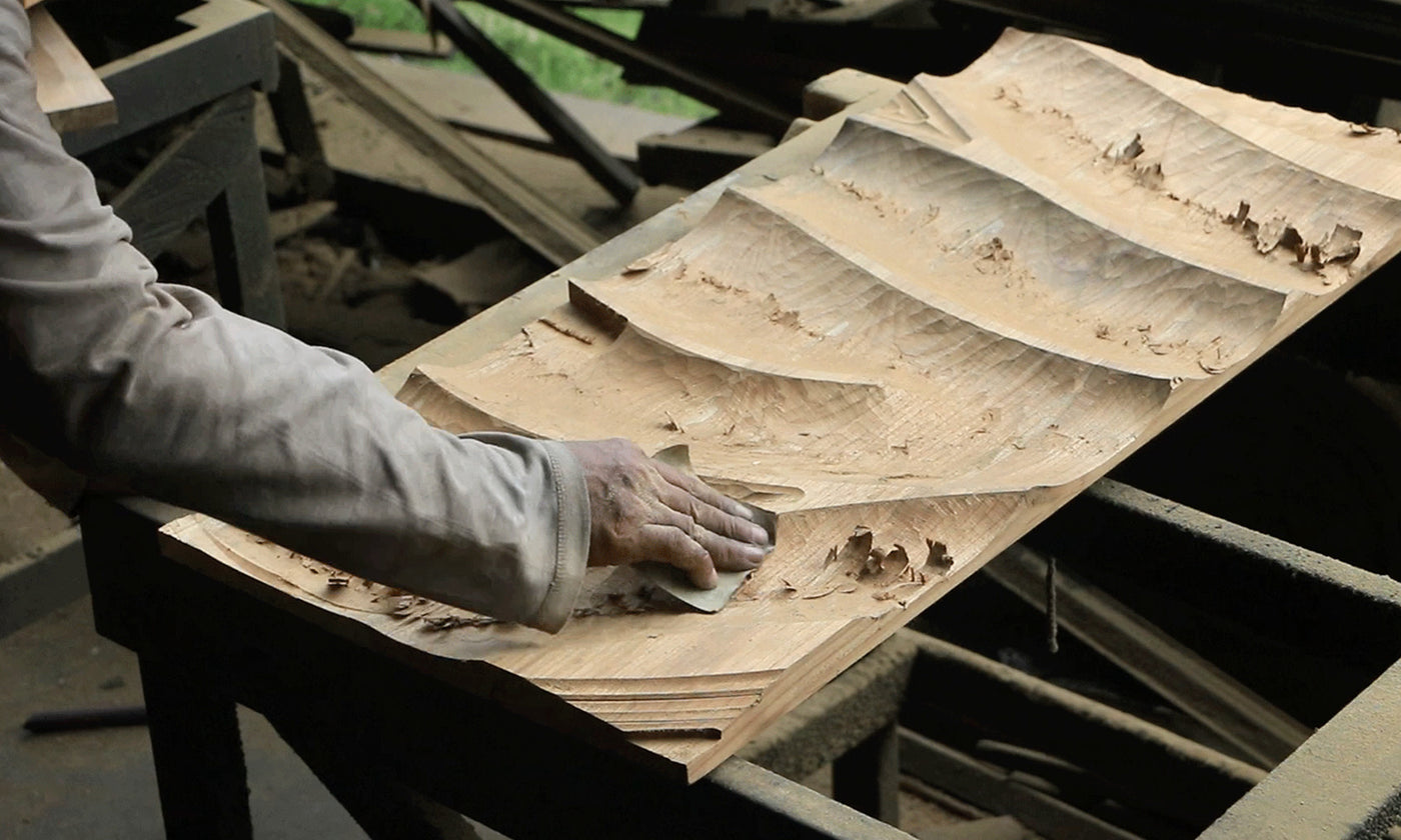 Morpheus Buffet Natural, studio angled view, natural teak